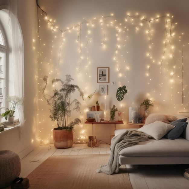 Wohnzimmer dekoriert mit Lichterketten, die mithilfe generativer KI-Technologie erstellt wurden