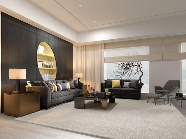Wohnzimmer-Design mit grauen Polstermöbeln mit Holzplatten und einer gelben Nische