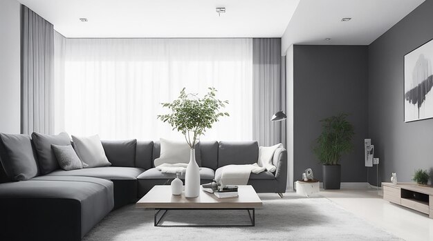Wohnzimmer einer modernen Wohnung mit zwei identischen Sofas gegenüber
