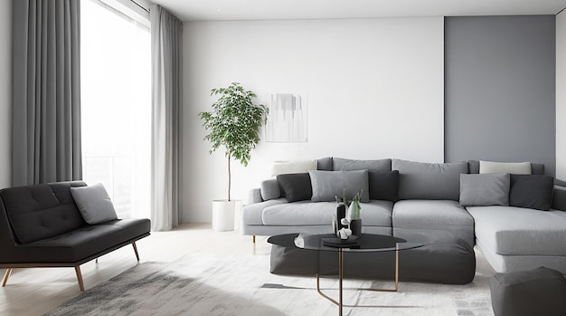 Wohnzimmer einer modernen Wohnung mit zwei identischen Sofas gegenüber