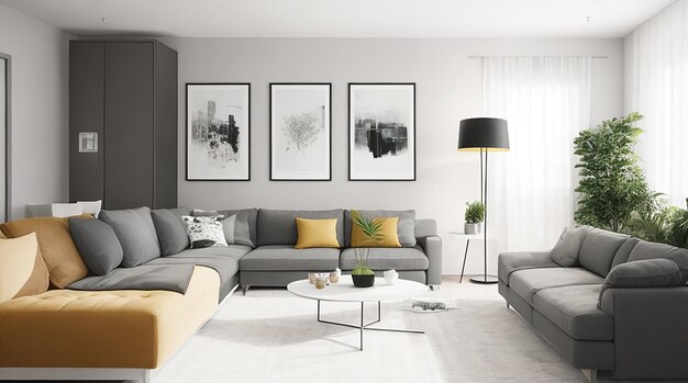 Foto wohnzimmer einer modernen wohnung mit zwei identischen sofas gegenüber