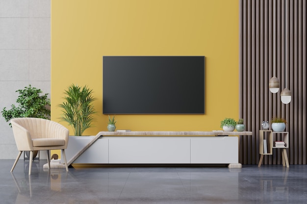 Wohnzimmer führte Fernsehen auf gelber Wand mit Sessel und Kabinettfernsehen auf gelbem Wandhintergrund, 3D-Darstellung