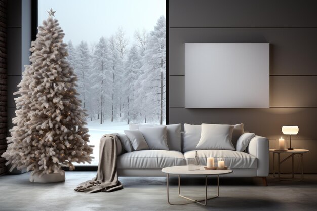 Wohnzimmer für Weihnachten mit Bäumen, Geschenken, Wänden, Plakaten, Leinwand, Vollbildmodell, Farbe