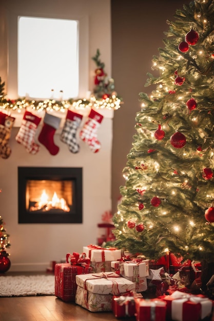 Wohnzimmer für Weihnachten mit Kamin, Weihnachtsbaum und Xmas-Ornamenten dekoriert