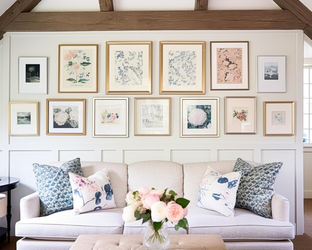 Wohnzimmer Galerie Wand Heimdekor und Wandkunst gerahmte Kunst in der englischen Landschaft Cottage Innenraum für DIY druckbare Kunstwerke Mockup und Druckerei Idee