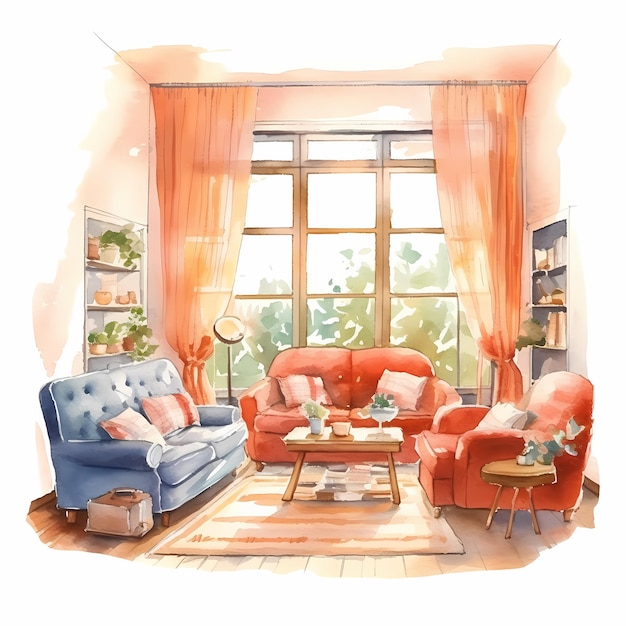 Wohnzimmer-Haus-Aquarell-Design