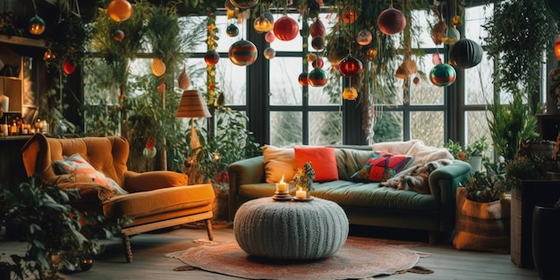 Wohnzimmer im böhmischen Stil mit Weihnachtsdekoration Illustration AI GenerativexA