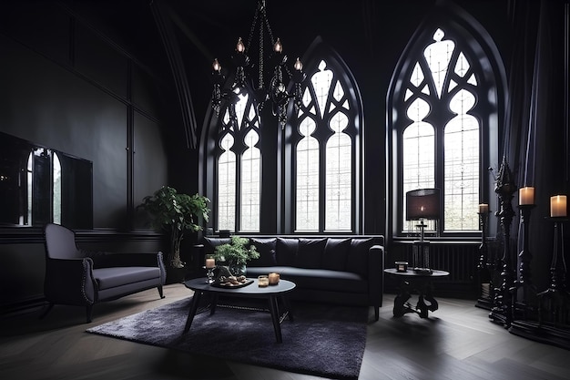 Wohnzimmer im gotischen Stil in einem Luxushaus. Generative KI-Inhalte