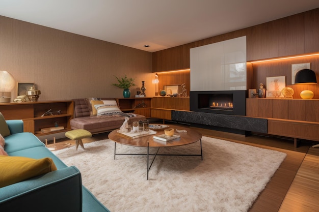 Wohnzimmer im Mid-Century-Stil mit warmen Farben Ai generativ