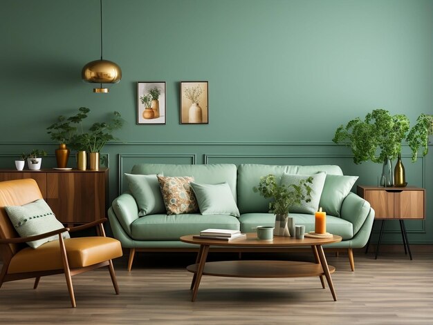 Wohnzimmer im modernen Stil mit grünen Wänden und grünem Sofa