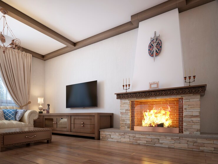 Wohnzimmer im rustikalen Stil mit Polstermöbeln und einem großen Kamin mit klassischen Elementen. 3D-Rendering.