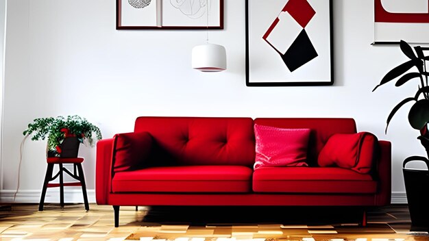 Wohnzimmer im skandinavischen Design-Stil mit einem roten Sofa