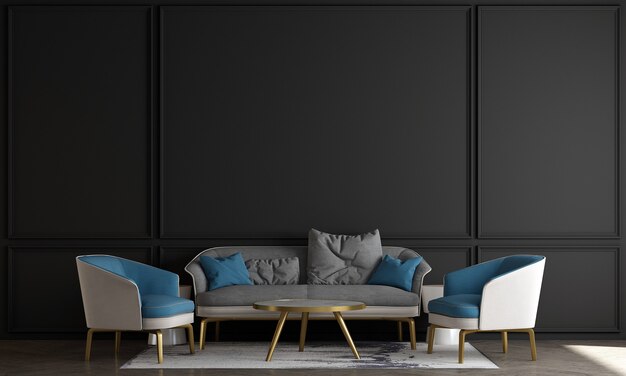 Wohnzimmer im skandinavischen Stil mit Sofa und Teetisch. Minimalistisches Wohnzimmerdesign und leerer schwarzer Wandhintergrund, 3D-Illustration