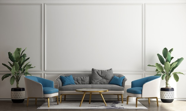 Wohnzimmer im skandinavischen Stil mit Sofa und Teetisch. Minimalistisches Wohnzimmerdesign und leerer weißer Wandhintergrund, 3D-Illustration