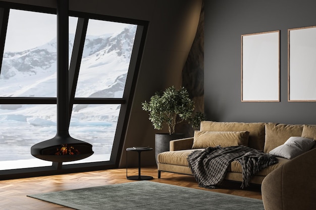 Wohnzimmer in dunklen Farben leere leere Rahmen Design im Winterkonzept Kamin parkett.3d rendern