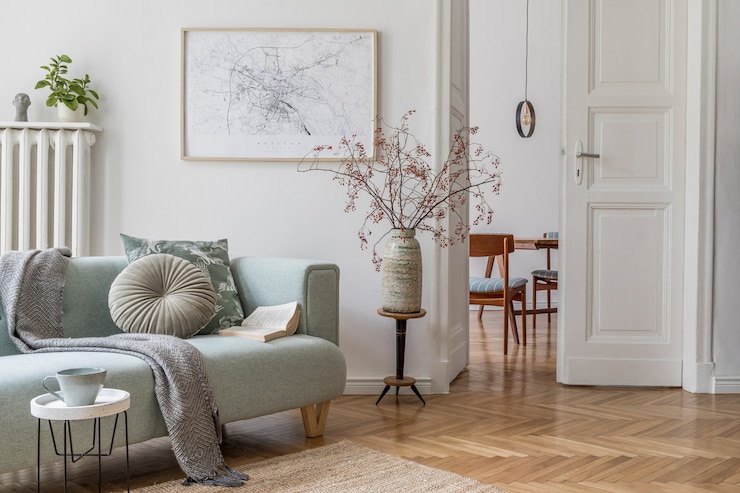 Foto wohnzimmer-innenarchitektur mit mock-up-posterrahmen-sofamöbeln und -accessoires emplate