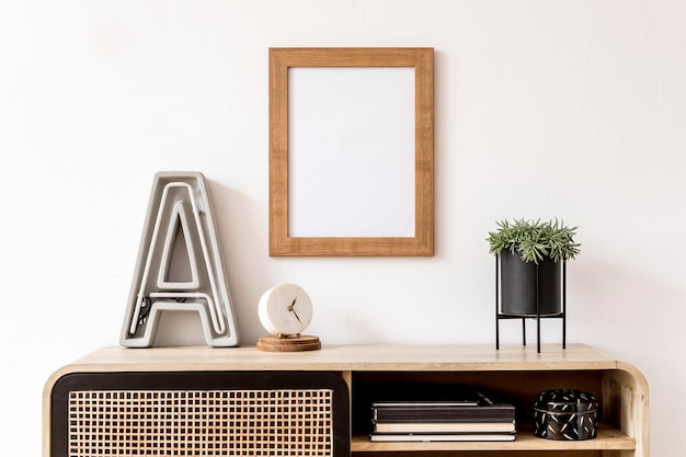 Wohnzimmer-Innenarchitektur mit stilvoller Kommode und Mock-up-Posterrahmen an der Wand Vorlage