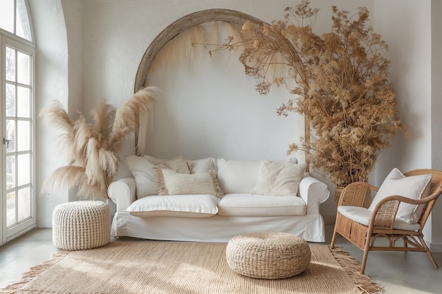 Wohnzimmer Innenarchitektur moderne Möbel und dekorativen Bogen mit getrockneten Blumen weißes Sofa a