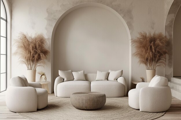 Wohnzimmer Innenarchitektur moderne Möbel und dekorativen Bogen mit getrockneten Blumen weißes Sofa a