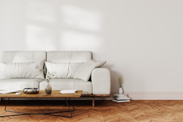 Foto wohnzimmer-inneneinrichtung moderne wohnzimmer-inneneinrichtung hintergrund graues sofa und kaffeetisch mit dekor 3d-rendering