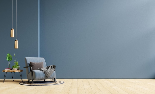 Wohnzimmer-Innenraum-Wand-Mockup in dunklen Tönen und blauer Sessel mit Coffee-Tisch3d-Rendering