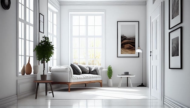 Wohnzimmer Innenwand Mock-up mit grauem Stoff Sofa und Kissen auf weißem Hintergrund mit freiem Raum