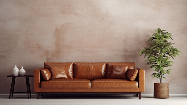 Wohnzimmer-Innenwand-Mockup in warmen Tönen mit Sofa auf leerer Wand-Hintergrund