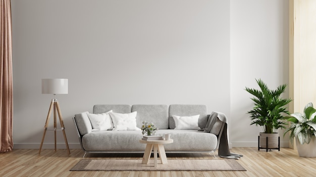 Wohnzimmer-Innenwandmodell mit Sofa mit Dekor auf weißem Hintergrund. 3D-Rendering