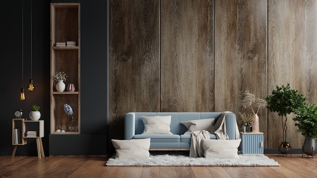 Wohnzimmer Interieur hat ein Sofa auf leer eine dunkle Holzwand.3d Rendering