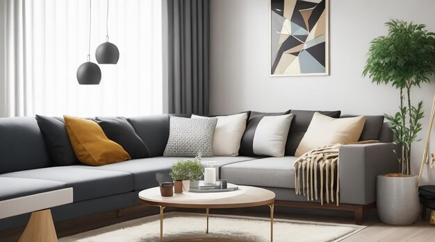 Wohnzimmer Interieur im modernen Stil mit Sofa und Dekorationen