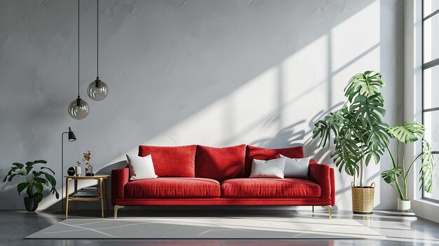 Foto wohnzimmer-interior-design mit sofa minimal ästhetisch roter samt 3d-rendering