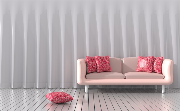 Wohnzimmer ist mit rosa Sofa, Gardinen ausgestattet Dieses Zimmer für Valentinstag der Liebe. 3D
