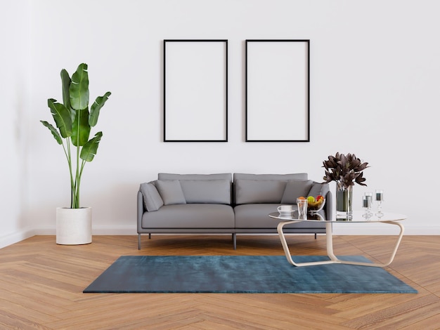 Foto wohnzimmer leerer rahmen pflanze sofa und tisch 3d-rendering