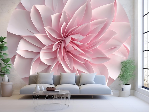 Wohnzimmer mit abstrakten geometrischen Quadraten und rosa Blumen Wandmalerei