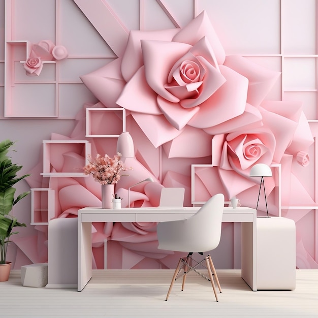 Wohnzimmer mit abstrakten geometrischen Quadraten und rosa Blumen Wandmalerei