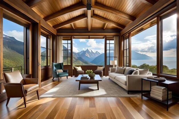 Wohnzimmer mit Blick auf Berge und See.
