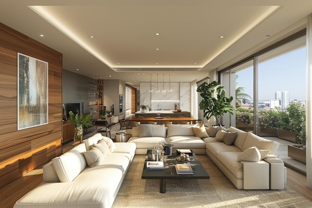 Wohnzimmer mit dem Farbschema wird von weichen und neutralen Tönen dominiert, um eine ruhige Atmosphäre zu schaffen.