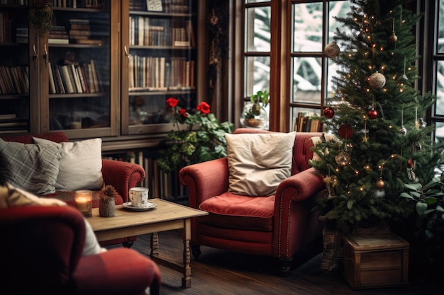 Wohnzimmer mit einem geschmückten Weihnachtsbaum, Wagen und Büchern, Schnee vor dem Fenster.