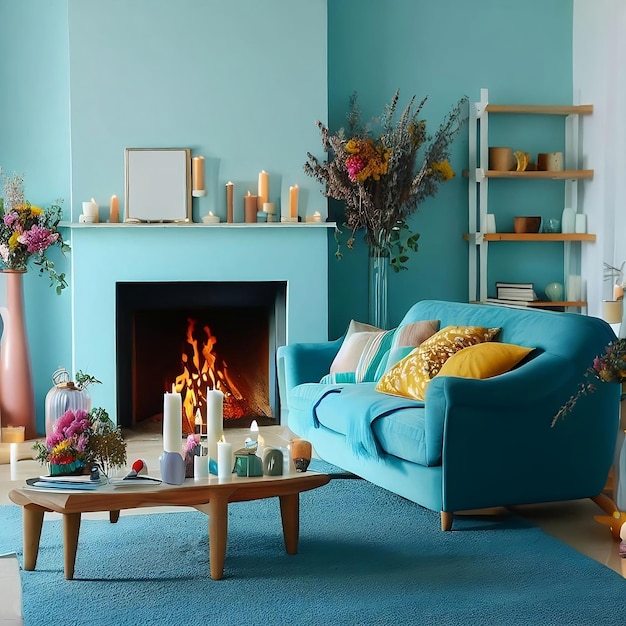 Wohnzimmer mit einem leuchtend blauen Sofa in sehr Peri-Farben