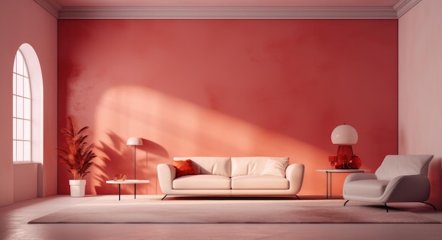Wohnzimmer mit einem leuchtend roten Rauminterieur im Stil einer weichen gedämpften Farbpalette dunkelweiß und hellrosa