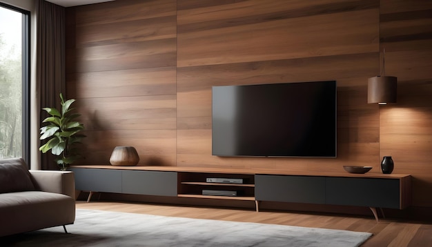 Wohnzimmer mit einem modernen Interieur mit einem eleganten Fernsehschrank vor einer hölzernen Wand als Hintergrund