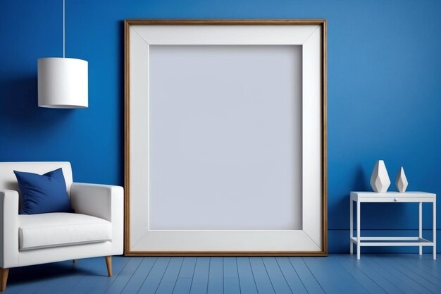Wohnzimmer mit einem riesigen leeren Bildrahmen im skandinavischen Stil an einer blauen Wand
