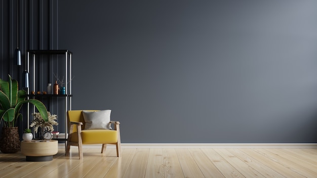 Wohnzimmer mit gelbem Sessel auf leerem dunkelblauem Wandhintergrund, 3D-Rendering