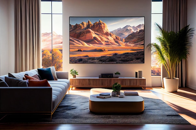 Wohnzimmer mit großem Fernseher an der Wand im Zimmer in modernem Stil Elegantes Luxus-Wohnzimmer mit großem Fernsehbildschirm Generative AIxA