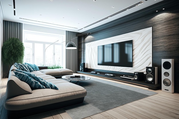 Wohnzimmer mit großem TV an der Wand im Zimmer im modernen Stil. Elegantes Luxus-Wohnzimmer mit großem TV-Bildschirm