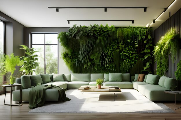 Wohnzimmer mit grünen Wänden Ökostil im Innenraum vertikaler Garten 3D-Rendering Außenseite natürlich