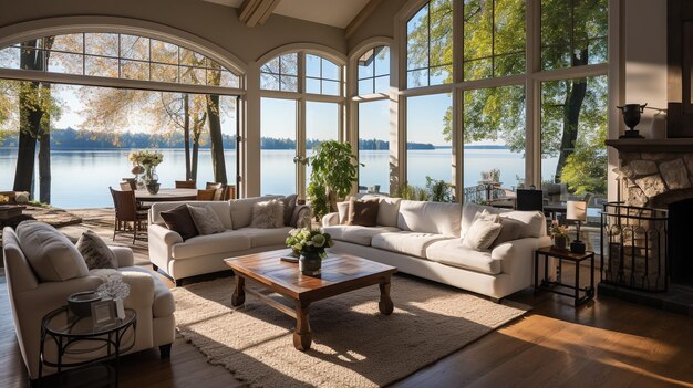 Wohnzimmer mit Kamin, modernen Möbeln und Blick auf das Wasser mit großen Fenstern