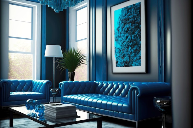 Foto wohnzimmer mit ledersofa in modernem design und inneneinrichtung in blau