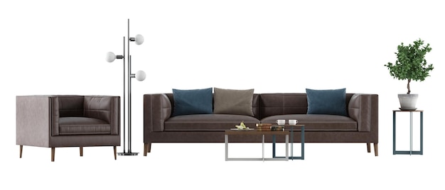 Wohnzimmer mit Ledersofa und Sessel, isoliert auf weißem Hintergrund 3D-Rendering