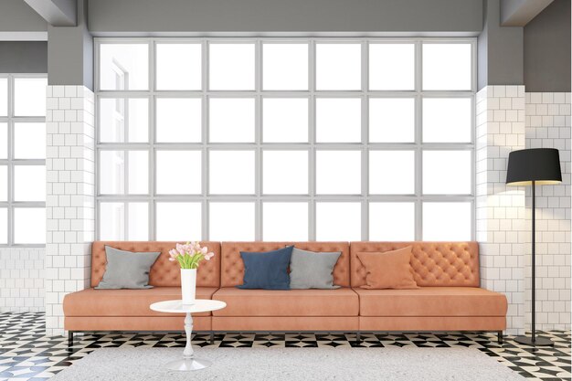 Wohnzimmer mit luxuriösem orangefarbenem Ledersofa und schwarzer Stehlampe 3D-Rendering